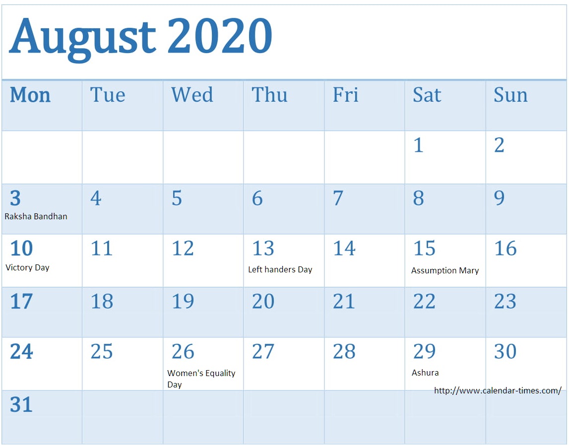 August 2020 Calendar With US, Canada, Holidays