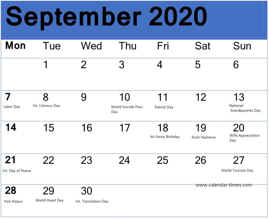 September 2020 Calendar With Federal Holidays PDF