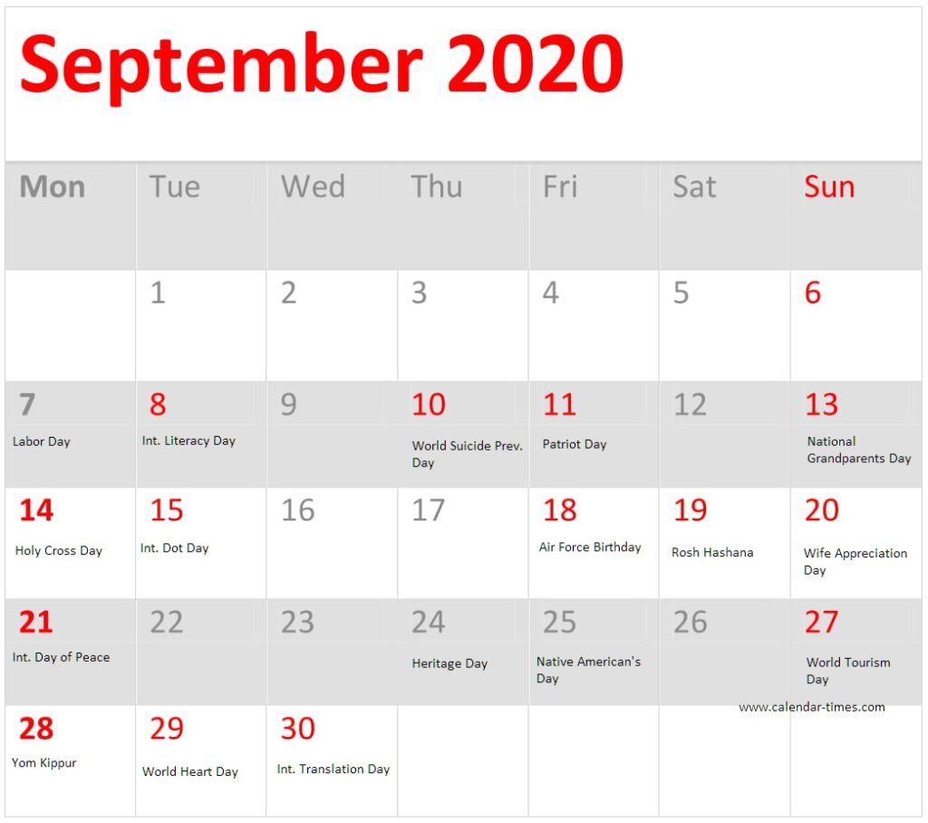 September 2020 Calendar With Federal Holidays PDF
