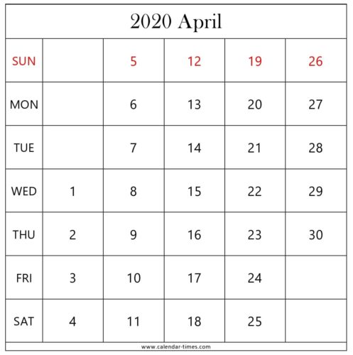 April 2020 Printable Calendar Landscape