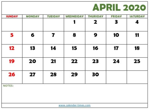 April 2020 Printable Calendar Worksheet