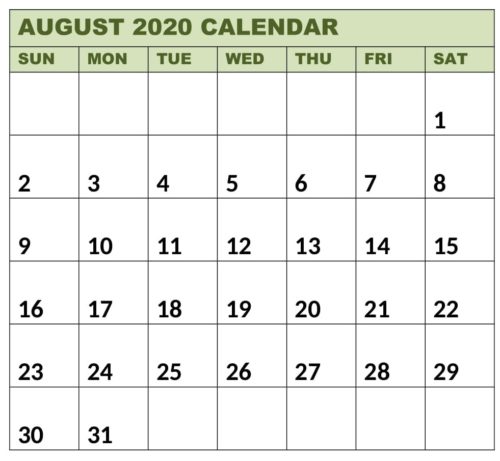 Calendar 2020 August