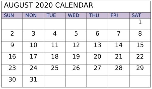 2020 August Calendar 