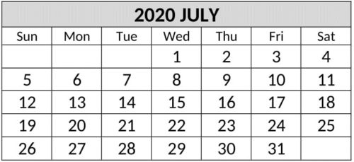 July 2020 Calendar