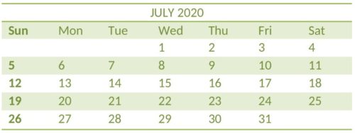 Calendar 2020 July