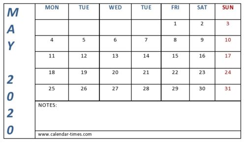 May 2020 Blank Calendar Simple Template