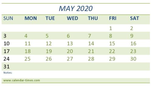 May 2020 Printable Calendar Cute Template