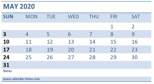 May 2020 Printable Calendar Template