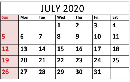 Free Printable July 2020 Calendar