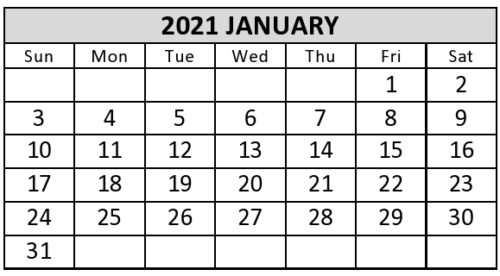 January 2021 Calendar with Holidays