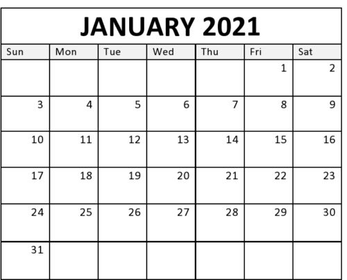 January 2021 Calendar