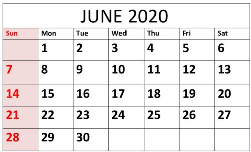 Printable June 2020 Calendar Times