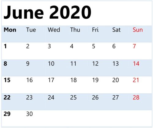Blank June 2020 Calendar Word