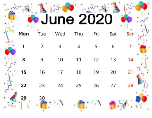 Cute June 2020 Calendar