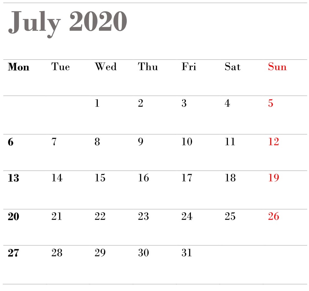 July 2020 Calendar Template