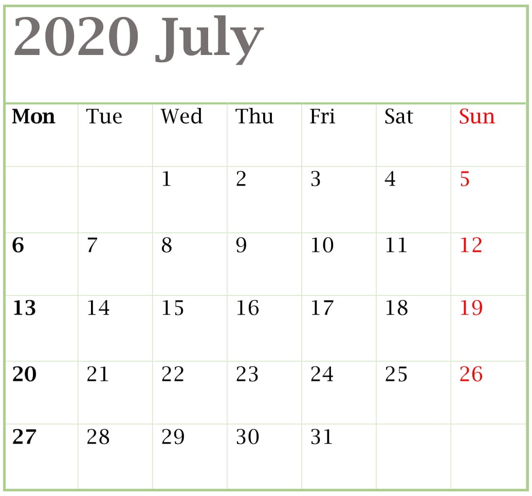 Blank July 2020 Calendar