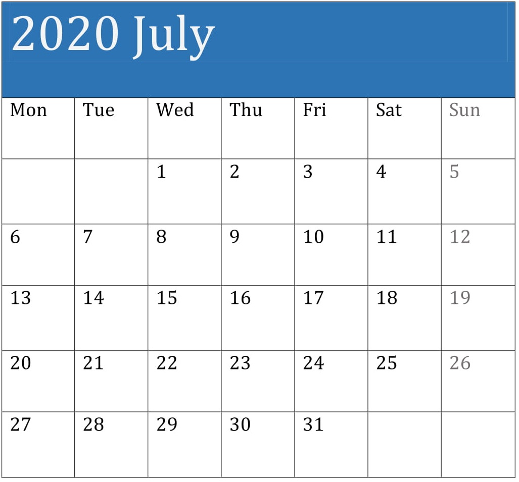 July 2020 Calendar Template Word