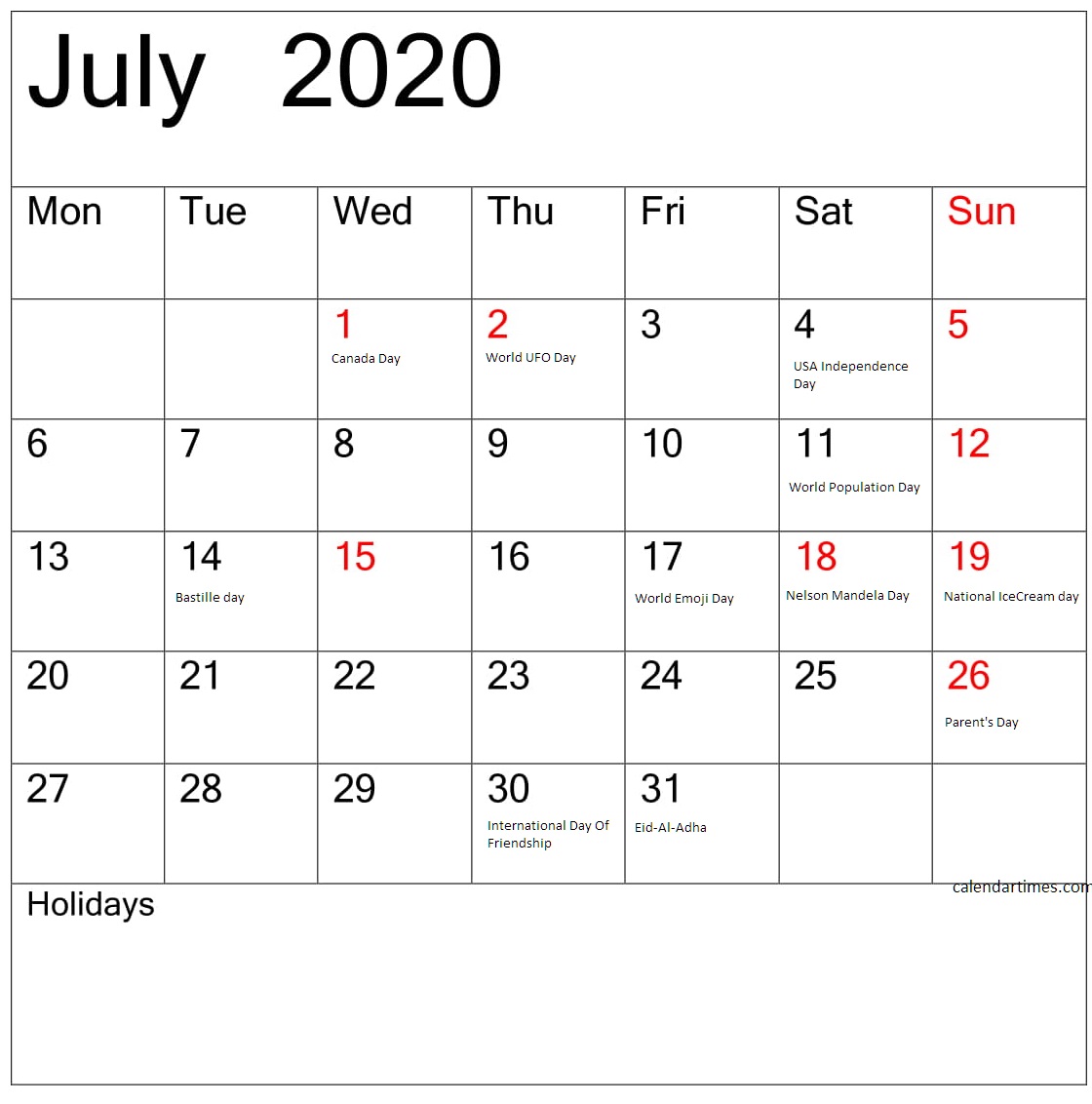 July Calendar 2020 With Holidays