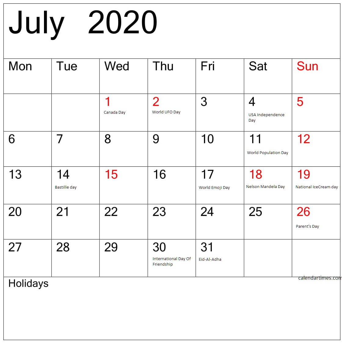 July 2020 Calendar With All Holidays