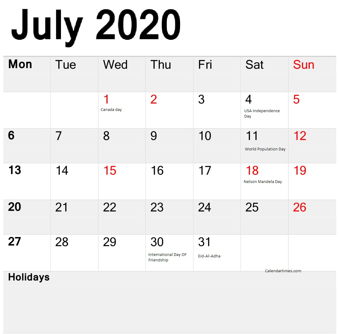 July 2020 Calendar Holidays And Events 