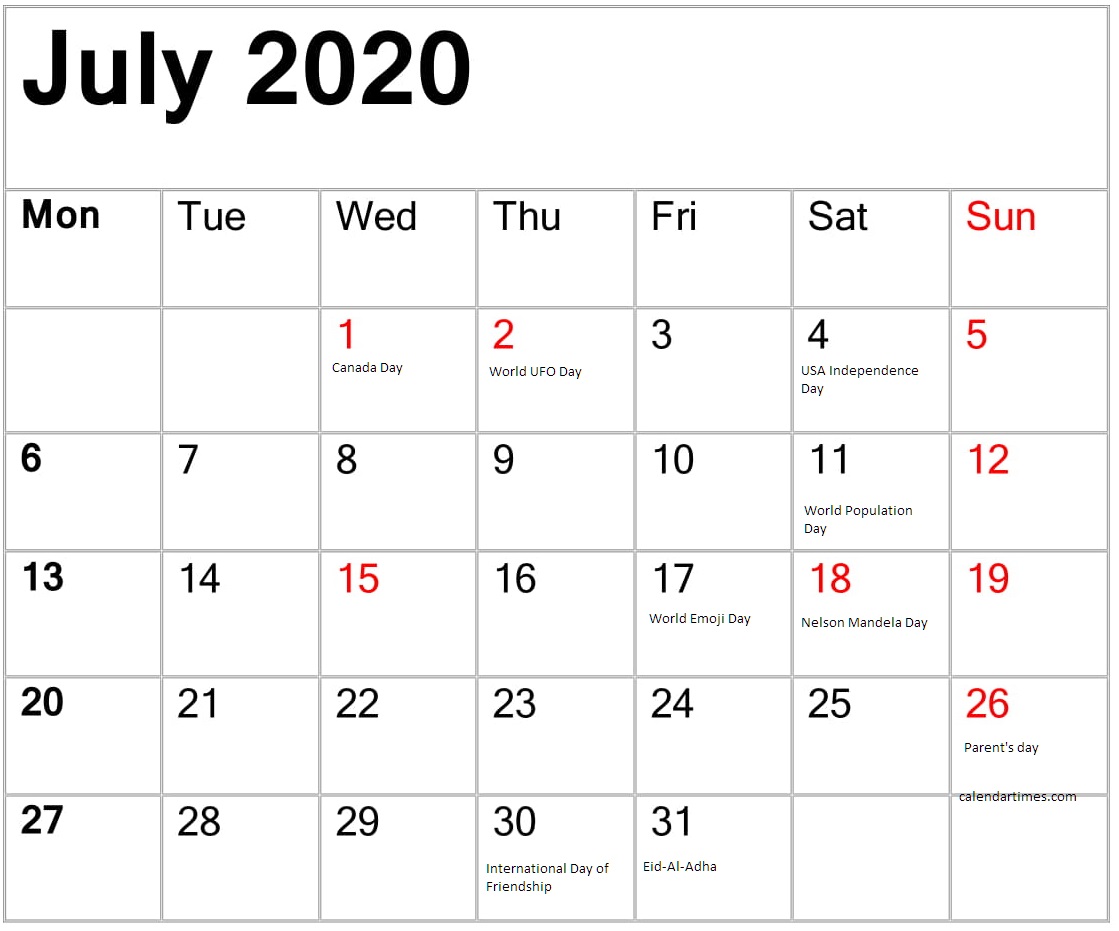 July 2020 Calendar With Holidays 