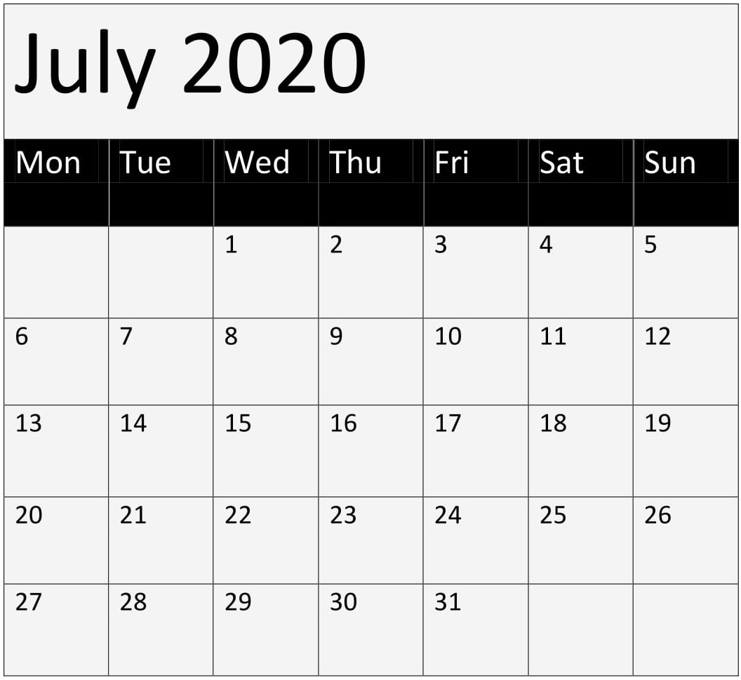 Printable July Calendar 2020