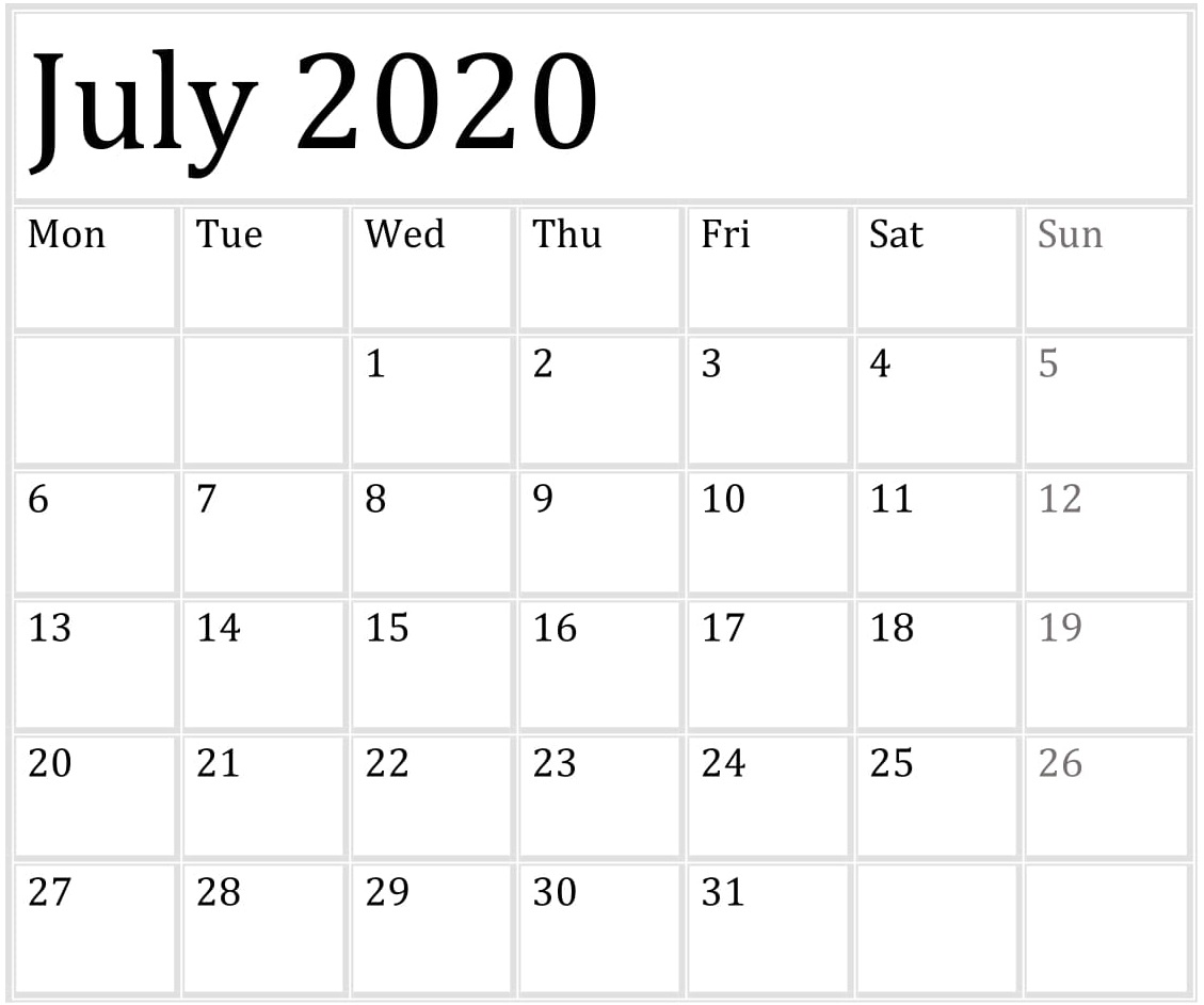July Calendar Of 2020 