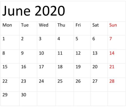 June 2020 Calendar Printable 