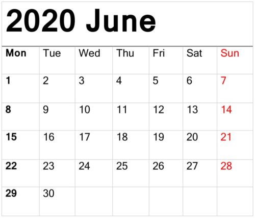June 2020 Calendar Printable 