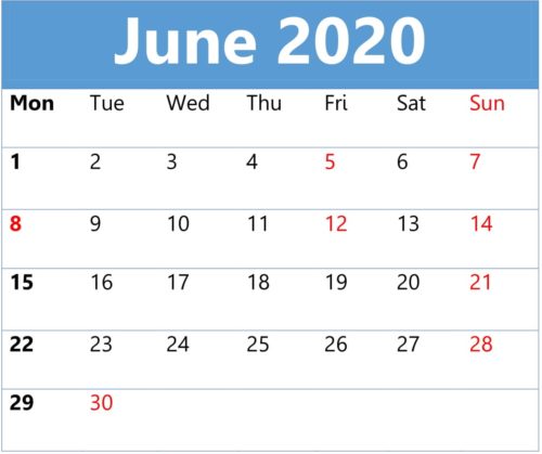 June 2020 Calendar Printable 