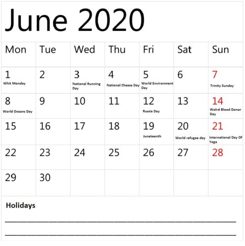 June 2020 Calendar With Holidays