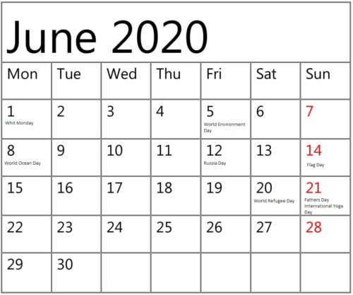 June 2020 Calendar With Holidays