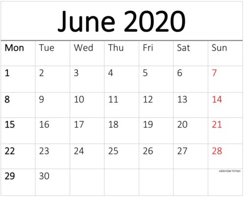 June 2020 Printable Calendar 