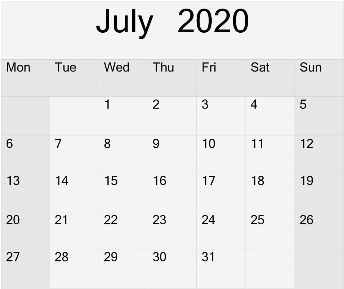 Free Printable July 2020 Calendar