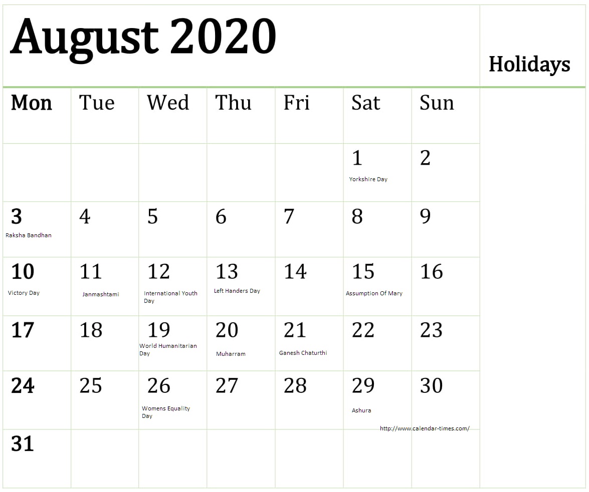 August 2020 Calendar With Holidays