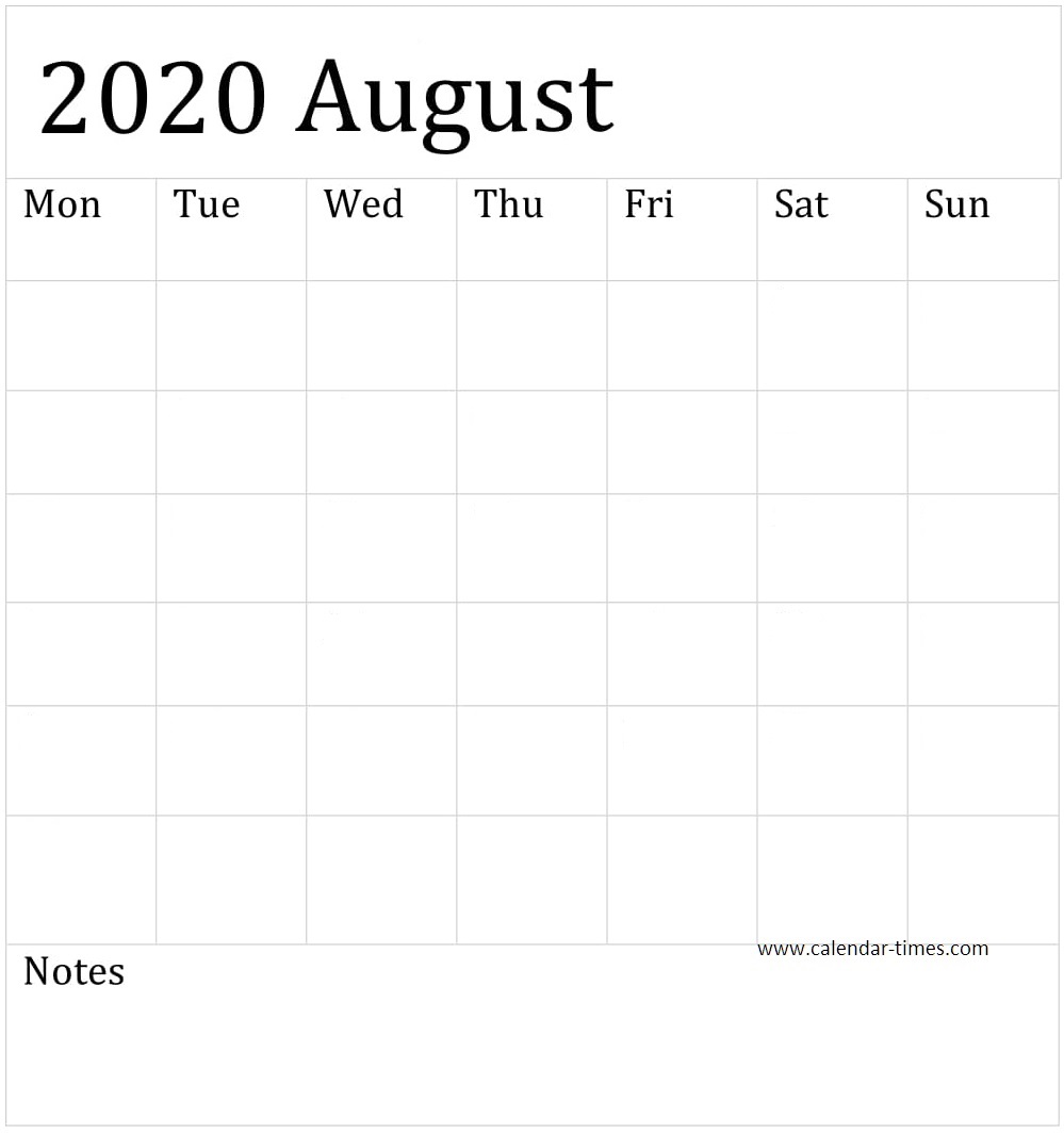 Blank August 2020 Calendar