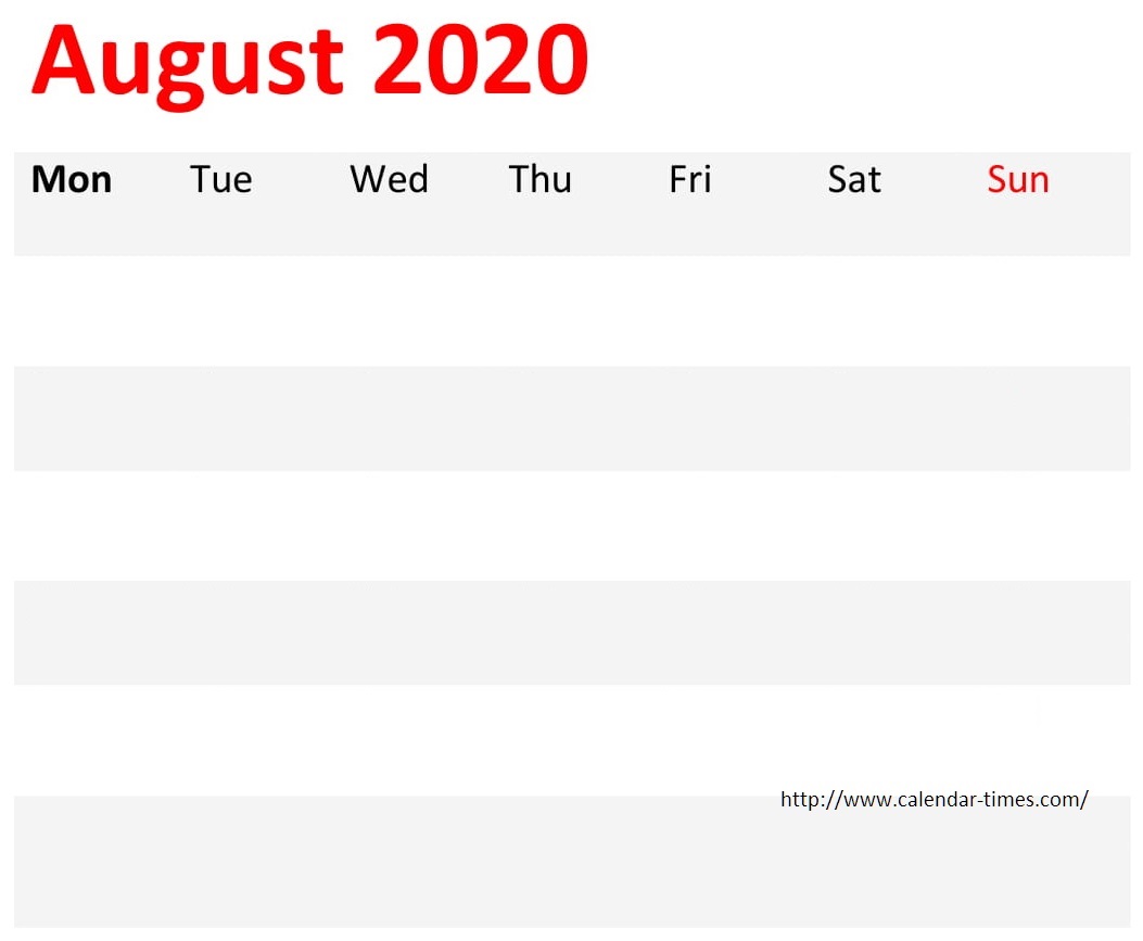 Blank August 2020 Calendar 
