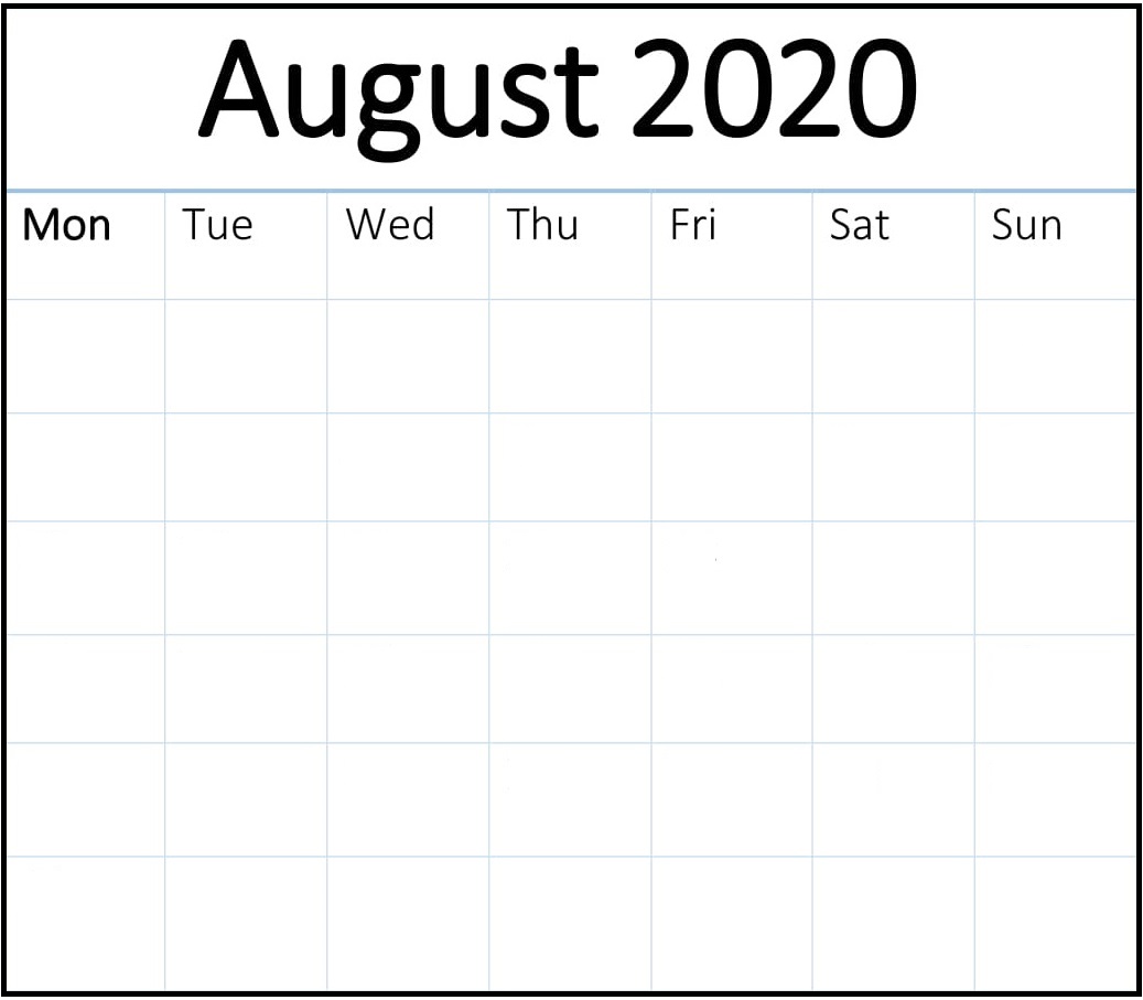 Blank August 2020 Calendar 