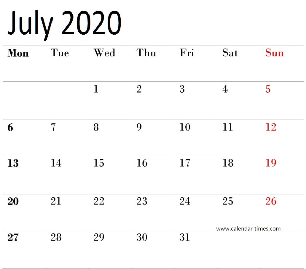 Blank July 2020 Calendar 