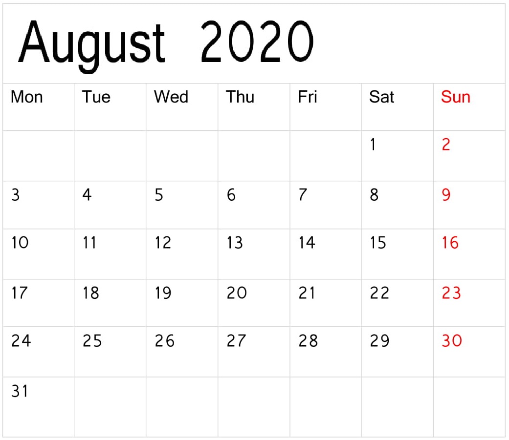 Blank August 2020 Calendar