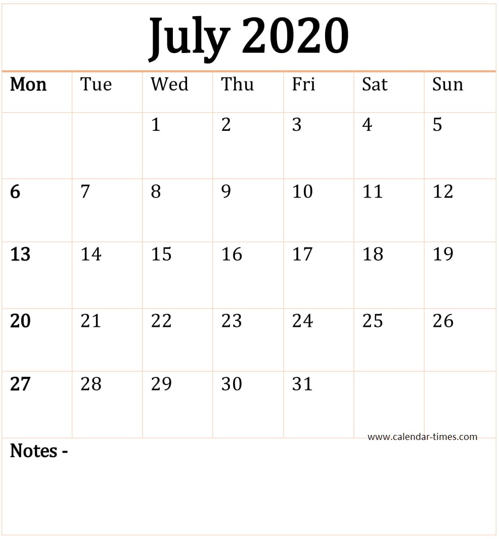 July 2020 Calendar Printable Blank