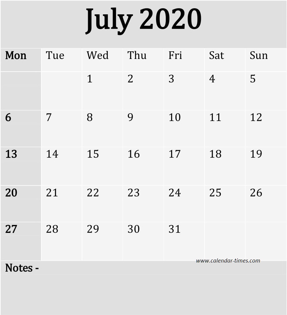 July 2020 Calendar Printable Weekly
