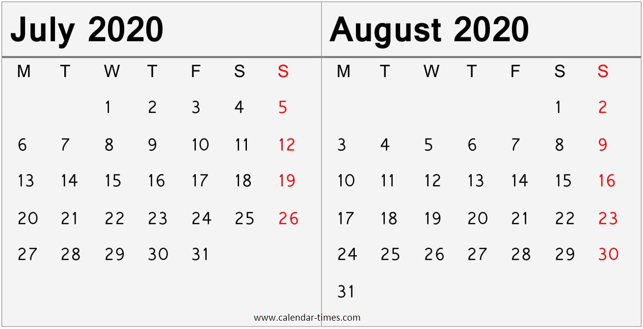 July August 2020 Calendar