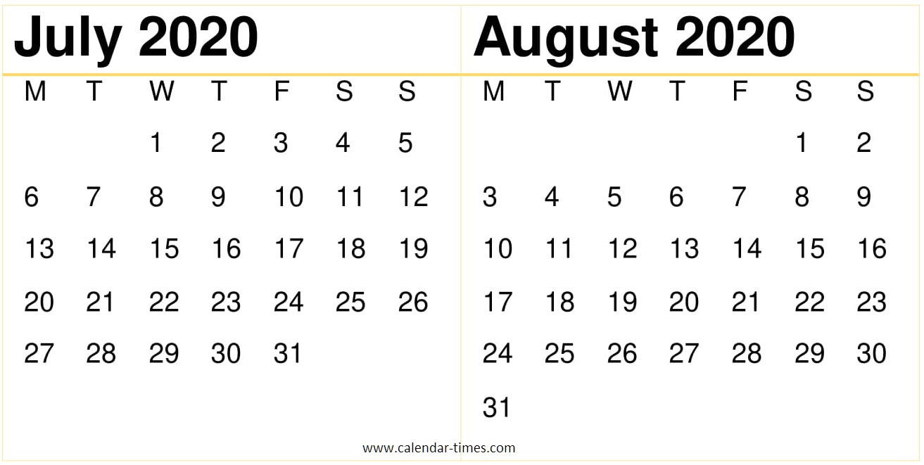 July August 2020 Calendar 