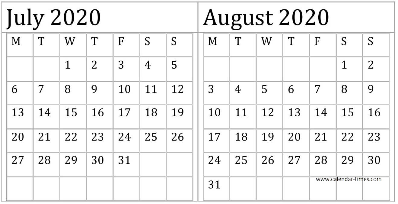 July August 2020 Calendar