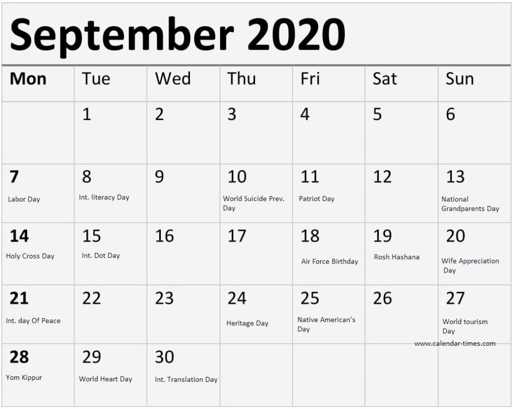 September 2020 Calendar With Holidays