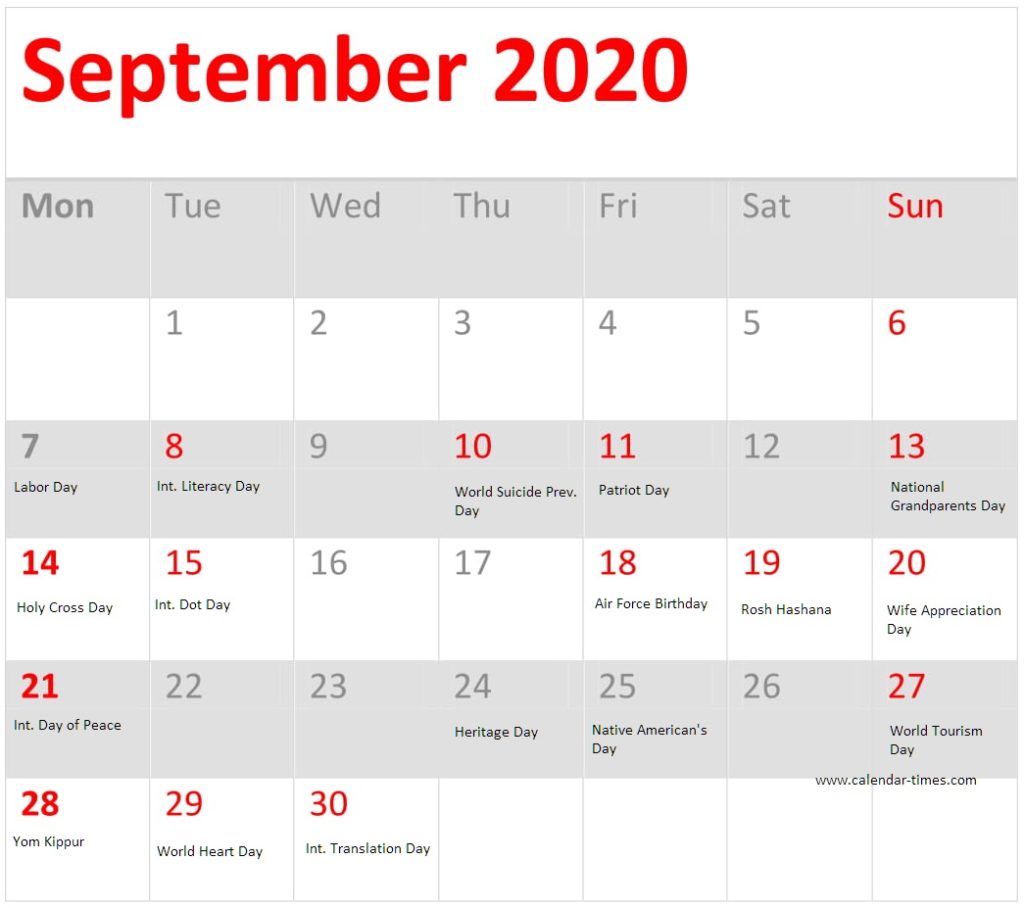 September 2020 Calendar With Holidays