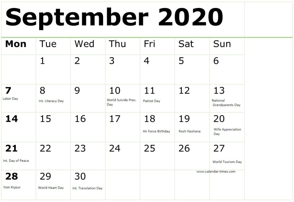 September 2020 Calendar With Holidays