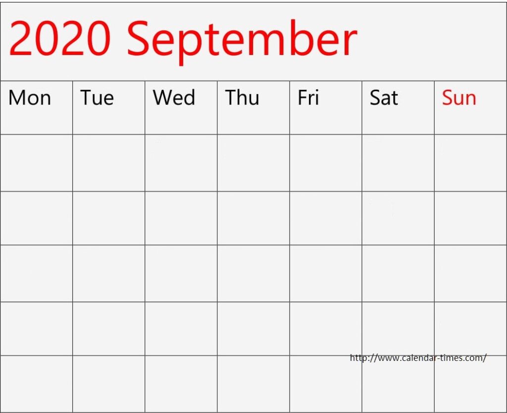 Blank September 2020 Calendar