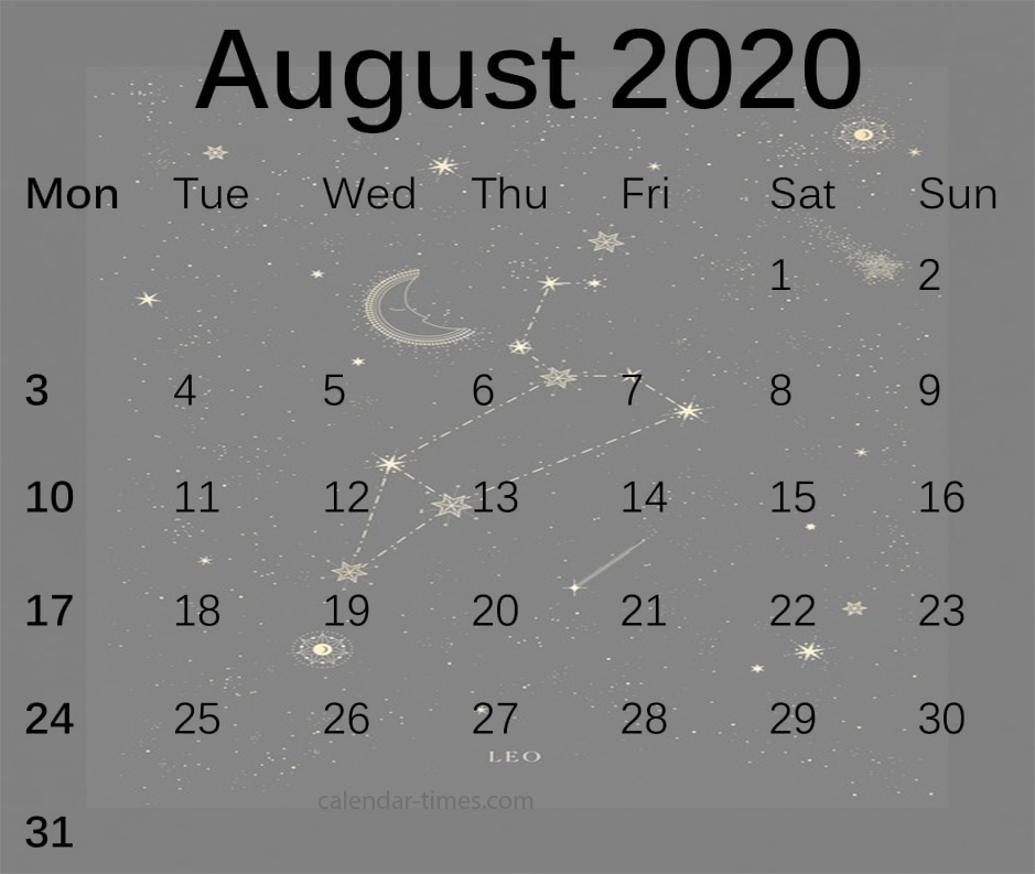 Cute August 2020 Calendar 